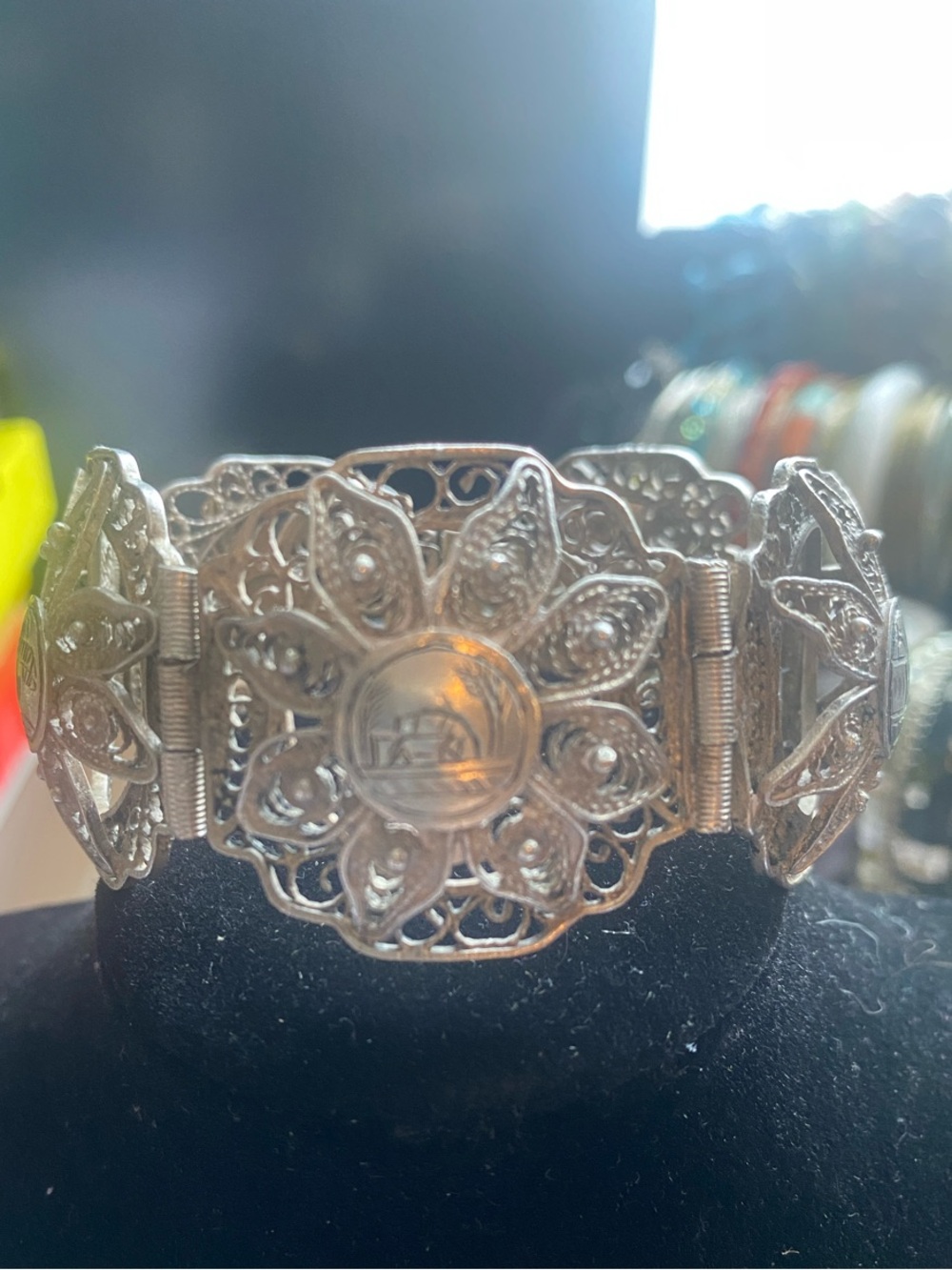 Sterling Silver Vintage Filigree Scenic Panel Bracelet 43.4g